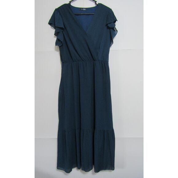 Fashion Blue Ruffle Tier Dress Women's sz L Boho Prairie Cottagecore Fairy - Picture 1 of 6